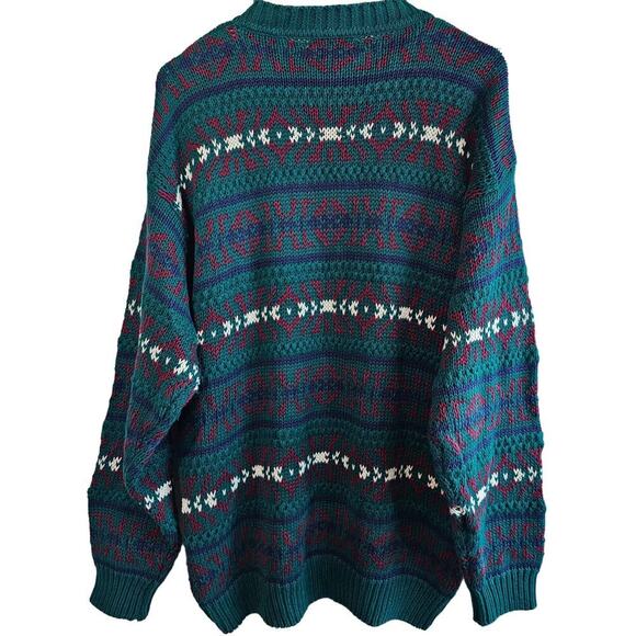 Vintage Honors Sweater Mens Large Green Knit 90s Geometric Preppy Retro Dad - Picture 2 of 9